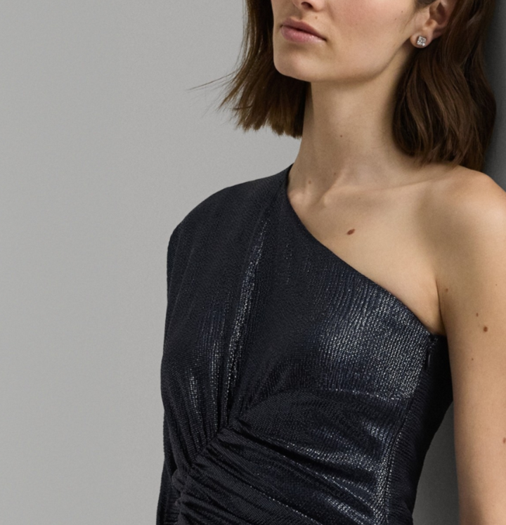 LAUREN Ralph Lauren Metallic Knit One-Shoulder Gown MSRP $295