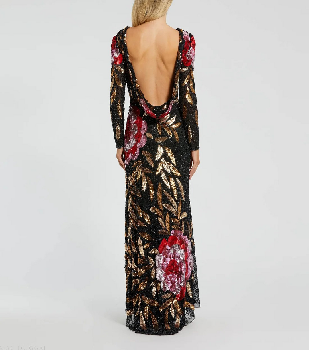 Mac Duggal Black Embellished Floral Long Sleeve Gown MSRP $598
