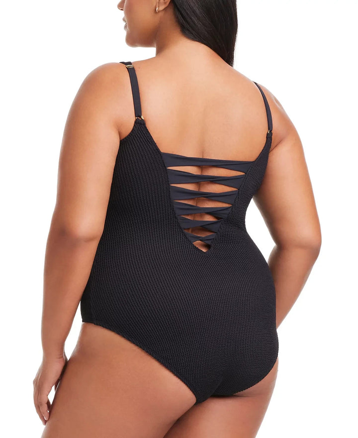 Bleu by Rod Beattie Plus Size Pucker Up Lace-Down Swimsuit MSRP $135