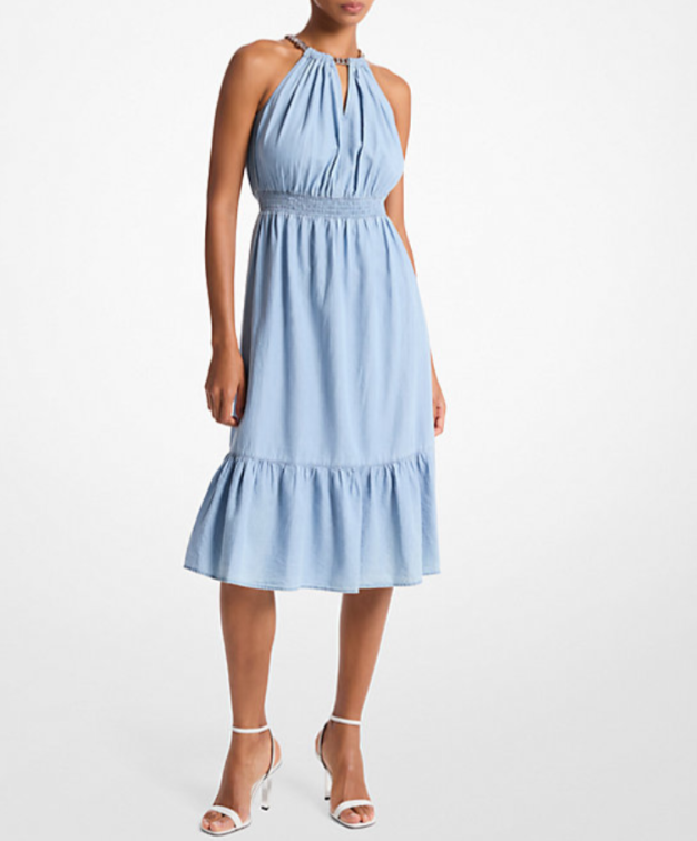 MICHAEL Michael Kors Chain-Trim Halter Chambray Dress MSRP $165