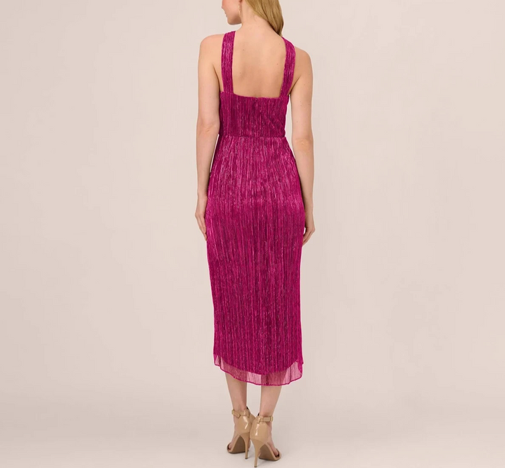 Adrianna Papell Crinkle Metallic Halter Midi Dress MSRP $179