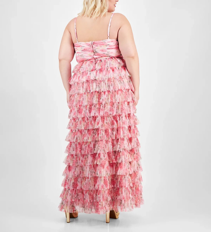 B Darlin Trendy Plus Size Floral Print Ruffle Tiered Gown MSRP $169