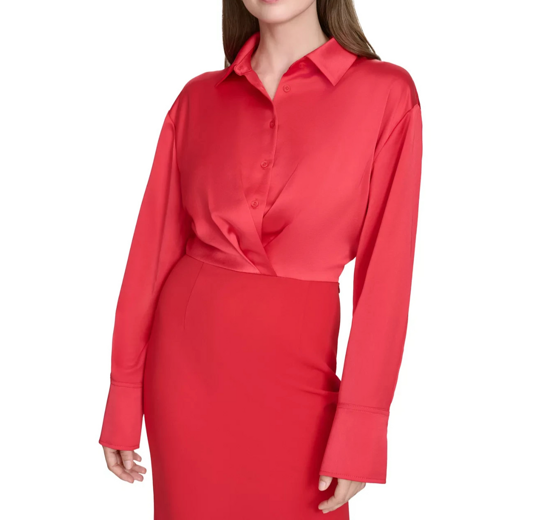 Halston Women's Mixed Media Collared Long-Sleeve Dress MSRP $139
