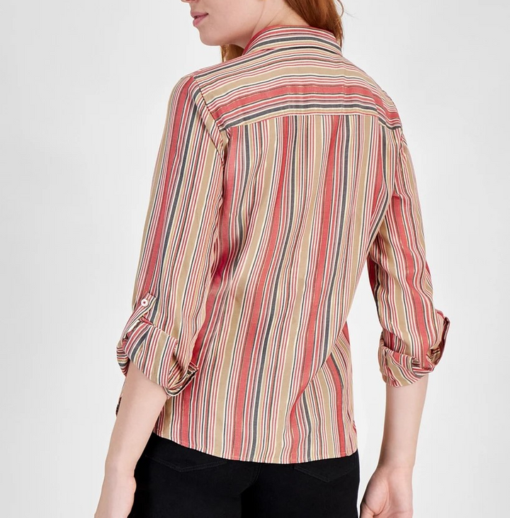 Nautica Jeans Women's Glint Stripe Roll-Tab Button-up Shirt MSRP $49.99