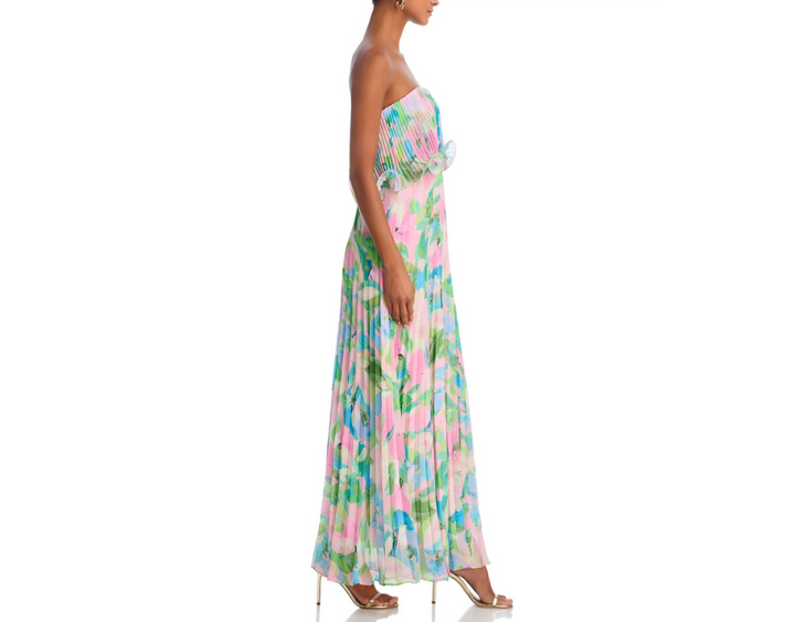 AQUA Printed Pleated Strapless Dress MSRP $298