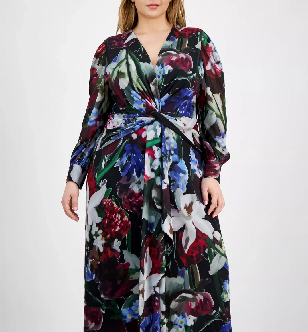 Anne Klein Plus Size Printed Twist-Front Maxi Dress MSRP $169