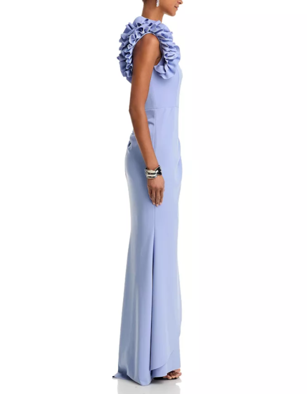 AQUA One Shoulder Ruffle Crepe Gown MSRP $298