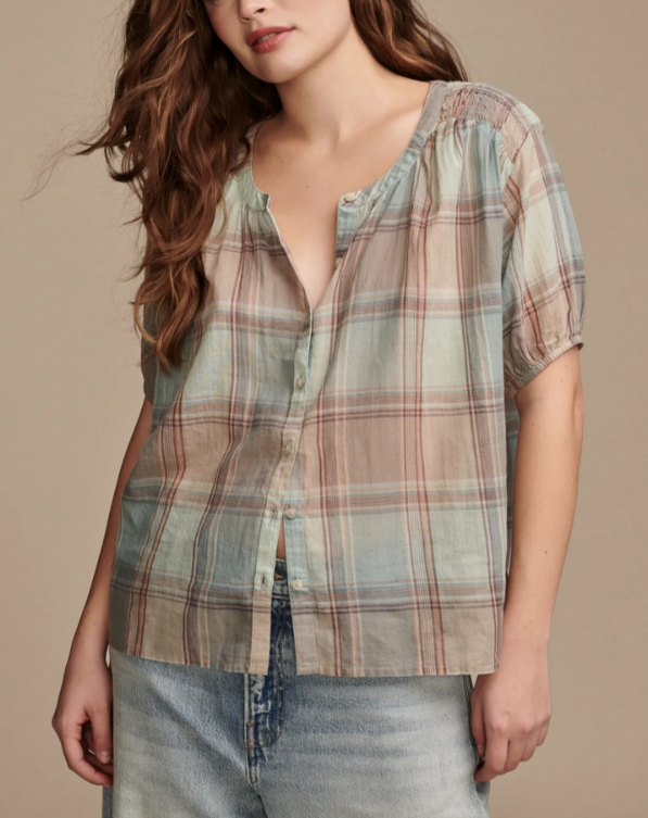 Lucky Brand Cotton Plaid Smocked-Shoulder Blouse MSRP $79