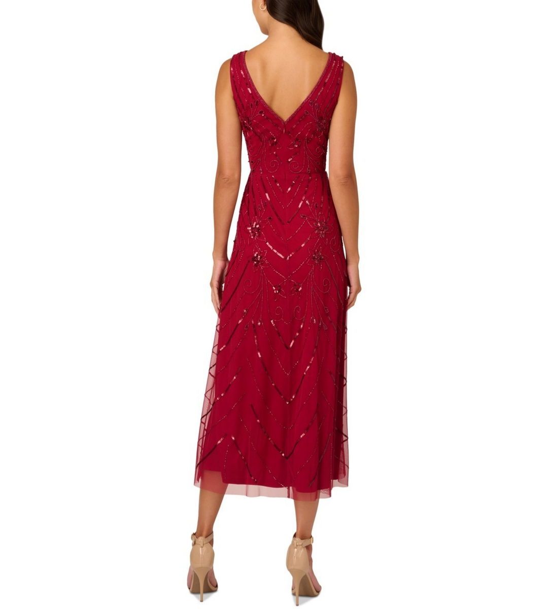 Adrianna Papell Beaded V-Neck Sleeveless Mesh Dress MSRP $159