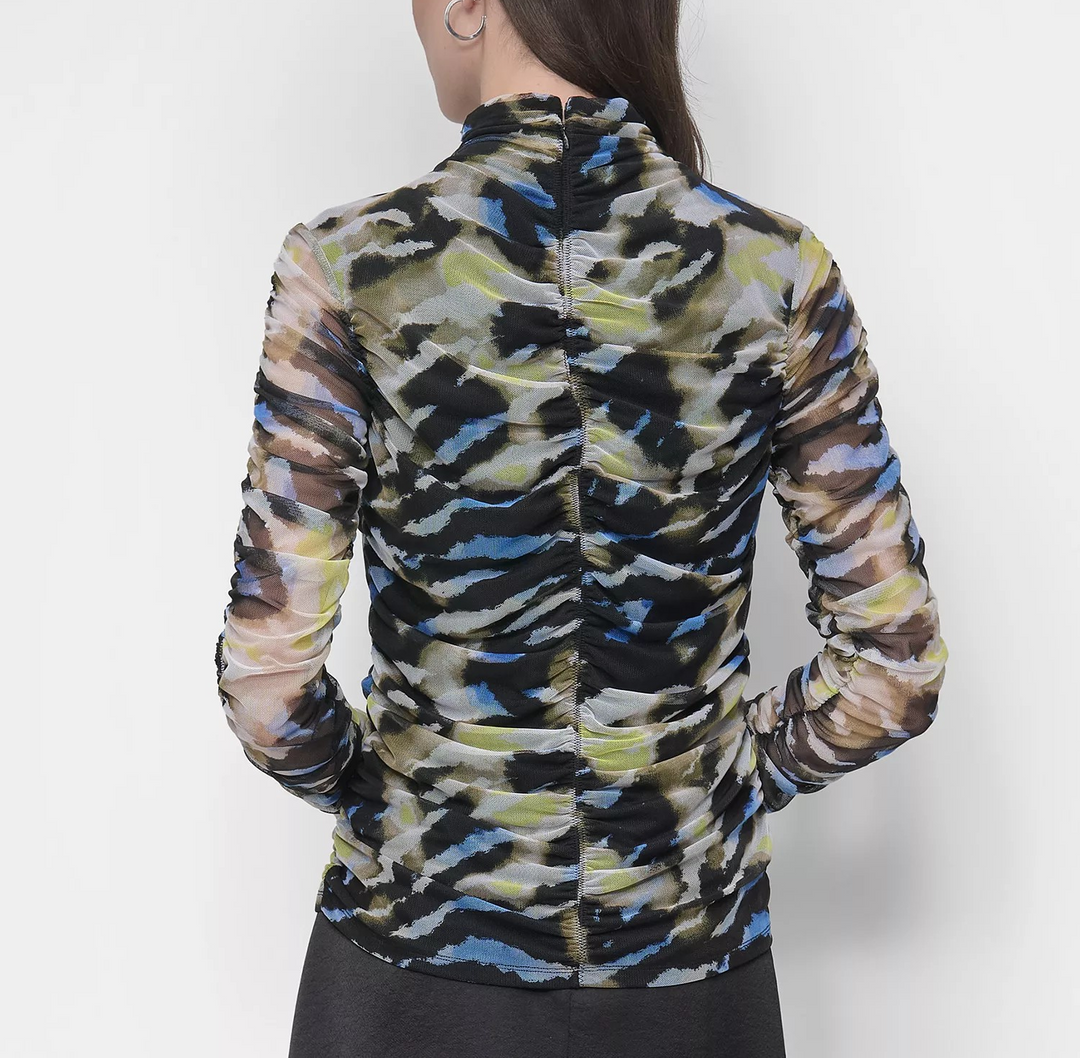 DKNY Women's Printed Mock-Neck Long-Sleeve Ruched Mesh Top MSRP $99