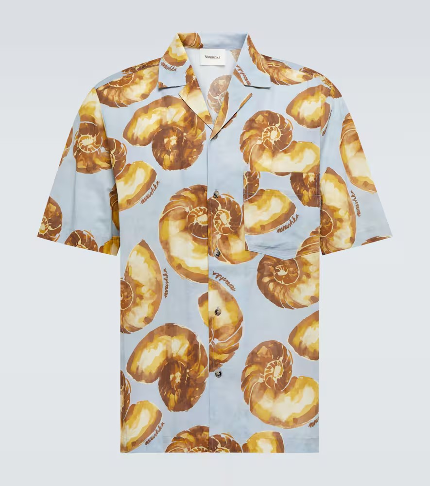 Nanushka Bodil Cotton Nautilus Print Loose Fit Button Down Camp Shirt MSRP $474