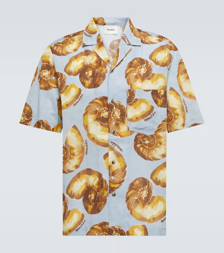 Nanushka Bodil Cotton Nautilus Print Loose Fit Button Down Camp Shirt MSRP $474