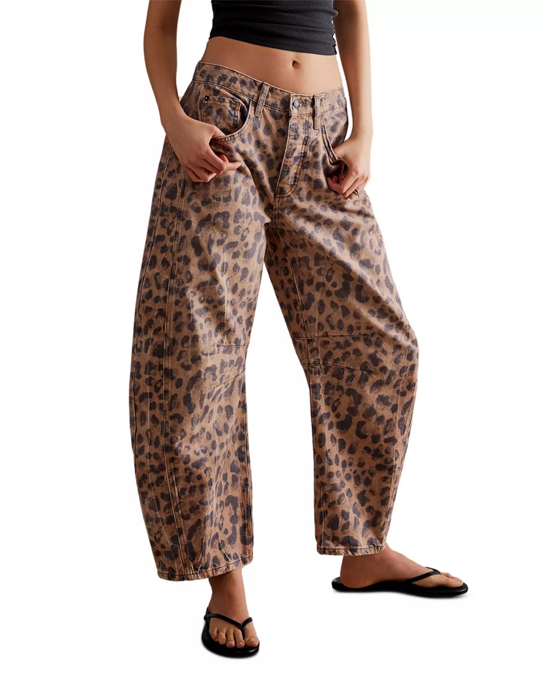Free People We The Free Good Luck Leopard Barrel Leg Jeans MSRP $128
