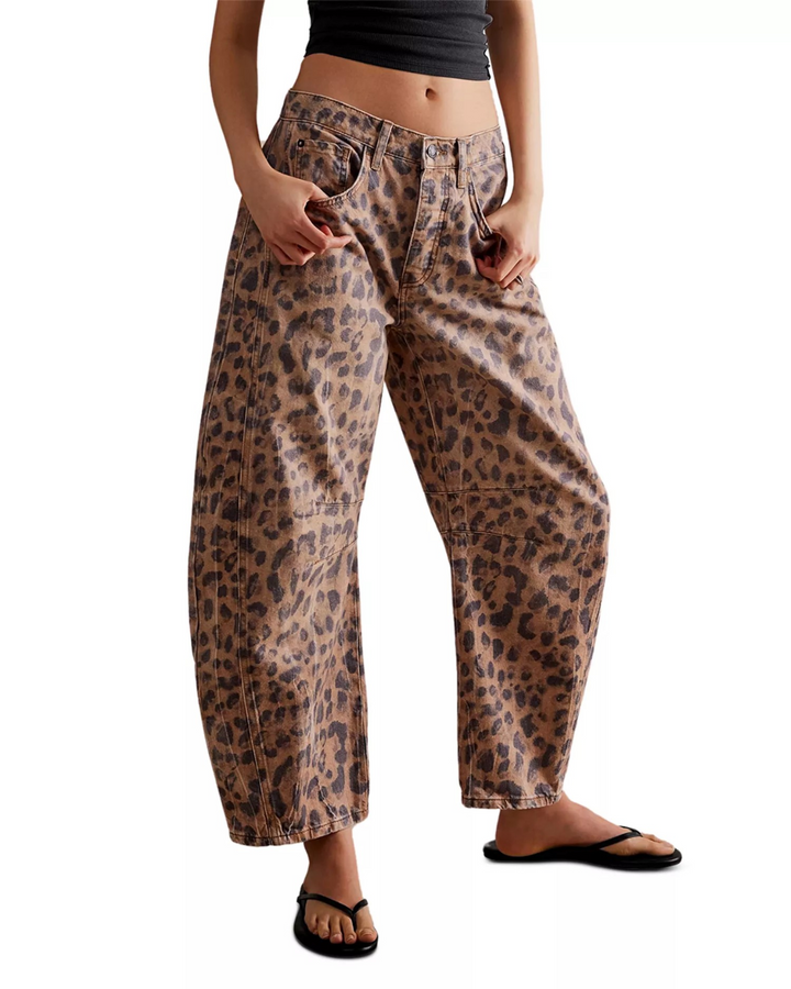 Free People We The Free Good Luck Leopard Barrel Leg Jeans MSRP $128