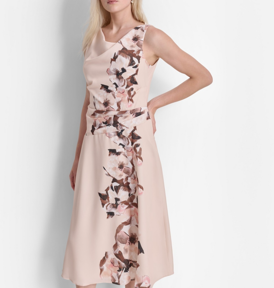 DKNY Petite Placed-Print Sleeveless Cowlneck Dress MSRP $139