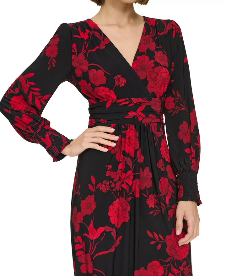 Tommy Hilfiger Floral Surplice-Neck Smocked-Cuff Dress MSRP $119