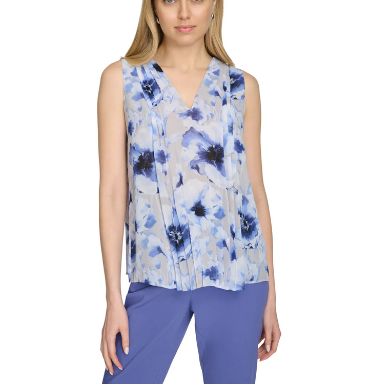 Calvin Klein Women's Printed Sleeveless Pleated Top MSRP $69