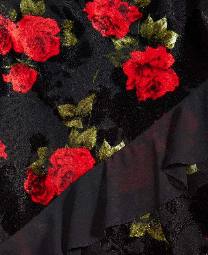 BCX Juniors Tiered Ruffles Rose Print Velvet Burnout Maxi Dress MSRP $79
