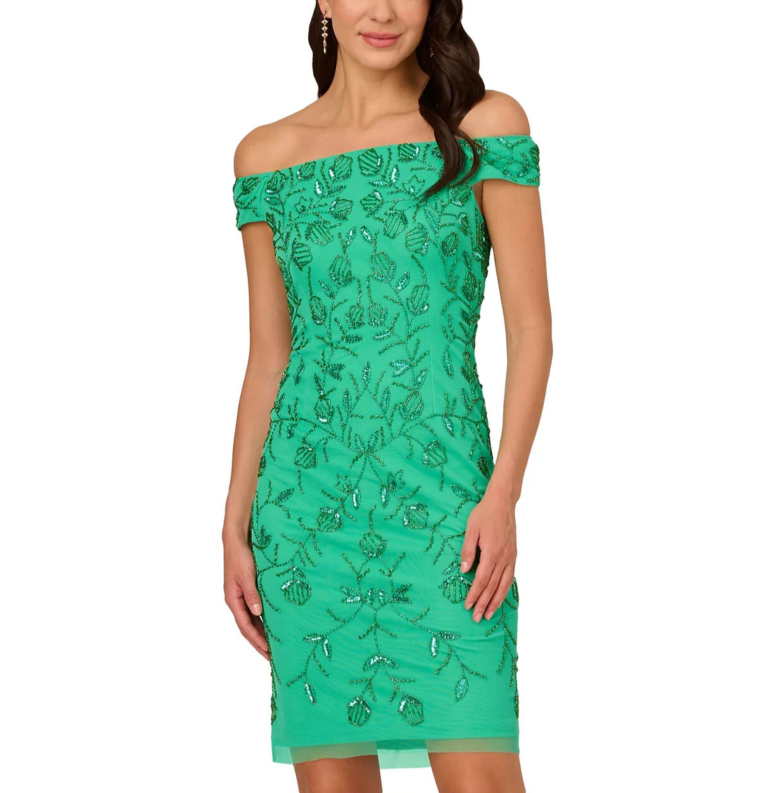 Adrianna Papell Beaded Off-The-Shoulder Dress MSRP $199