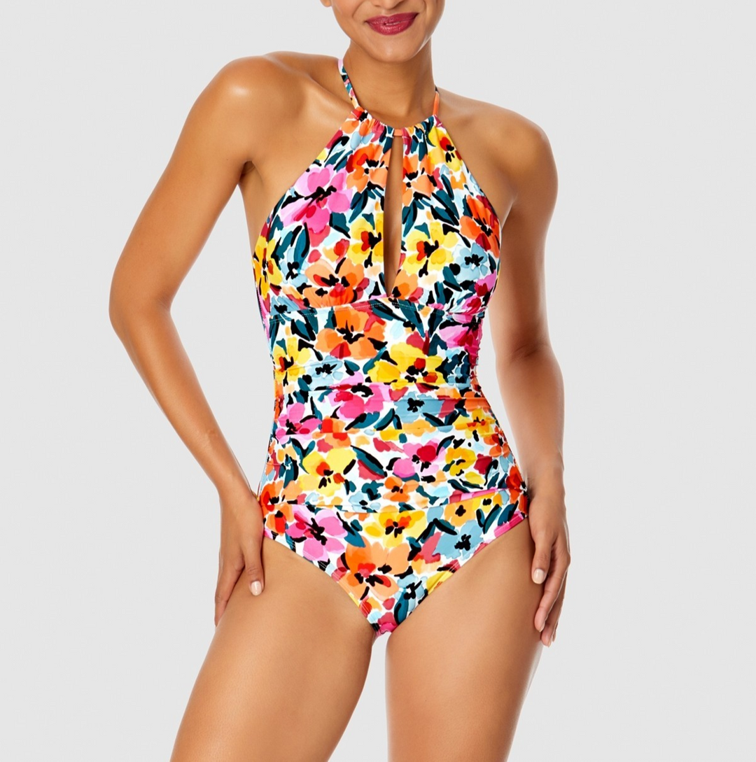 Anne Cole Floral-Print High-Neck One-Piece Swimsuit MSRP $108