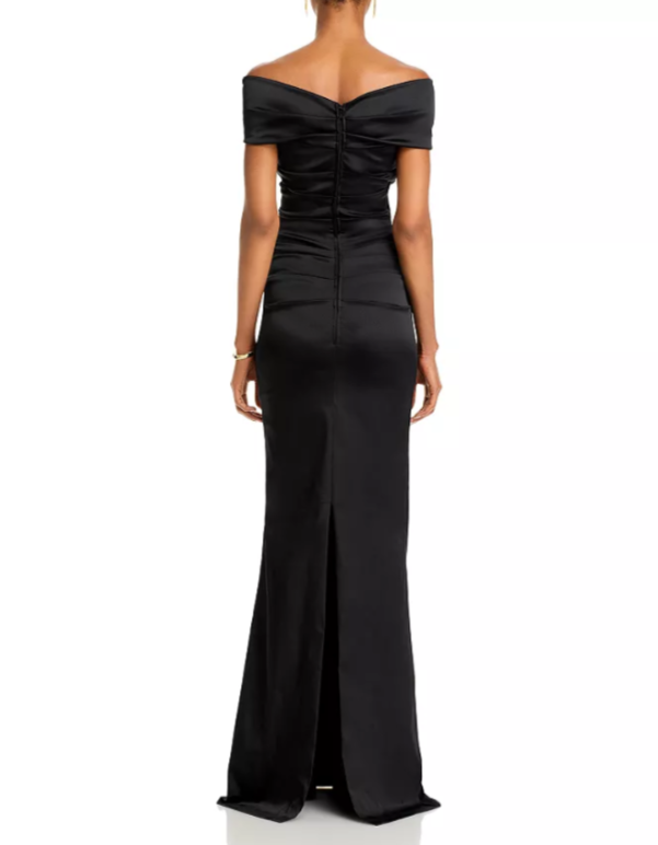 Teri Jon by Rickie Freeman Satin Stretch Off The Shoulder Gown MSRP $760