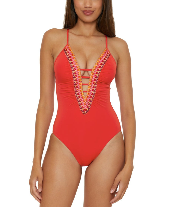 Becca Fiesta Plunge-Neck One-Piece Swimsuit MSRP $138