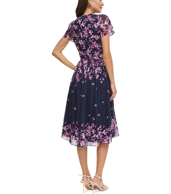 DKNY Petite V-Neck Crinkle-Chiffon Midi Dress MSRP $139