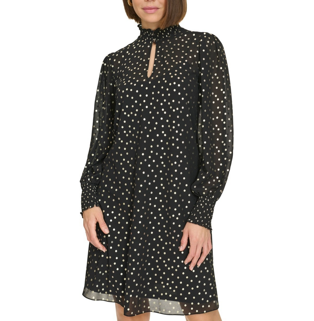Tommy Hilfiger Metallic Dot Smocked Mock Turtleneck Minidress MSRP $139