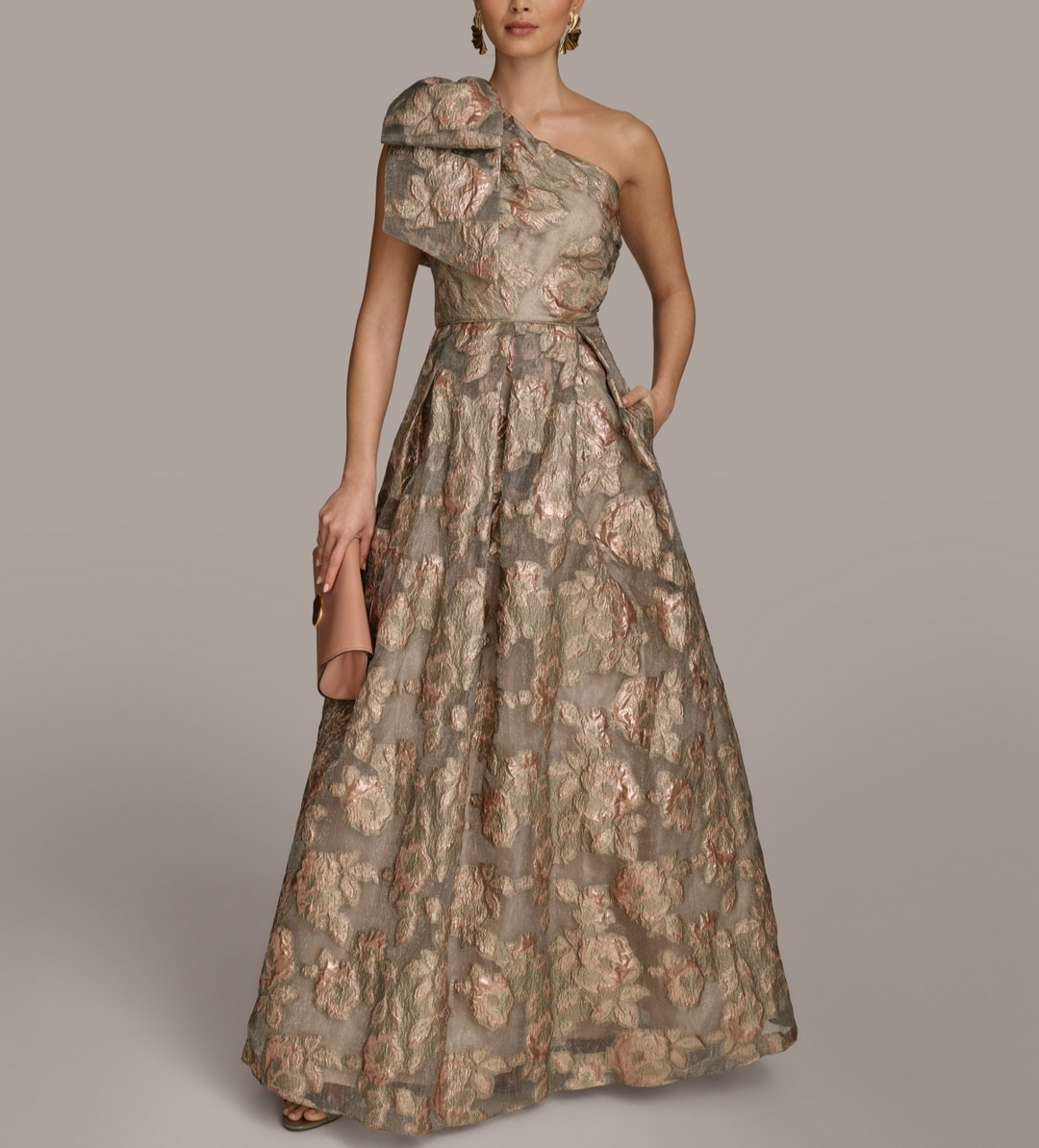 Donna Karan  Metallic Jacquard One-shoulder Bow Floral Ball Gown MSRP $359