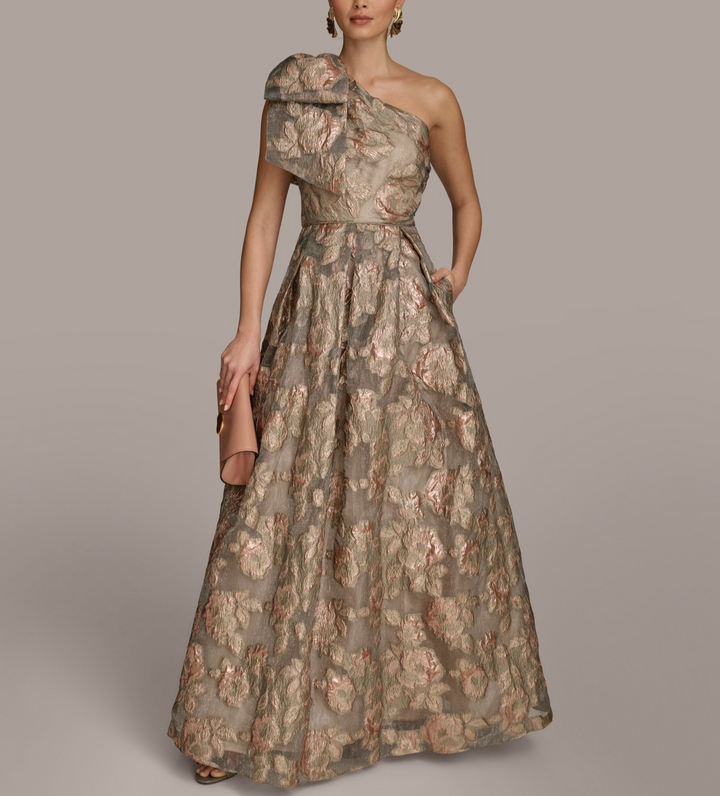Donna Karan  Metallic Jacquard One-shoulder Bow Floral Ball Gown MSRP $359