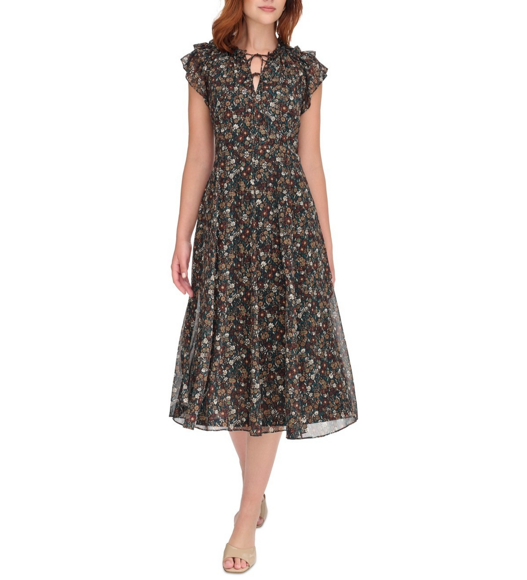 Tommy Hilfiger Tie-Neck Flutter-Sleeve MIDI Dress MSRP $ 129