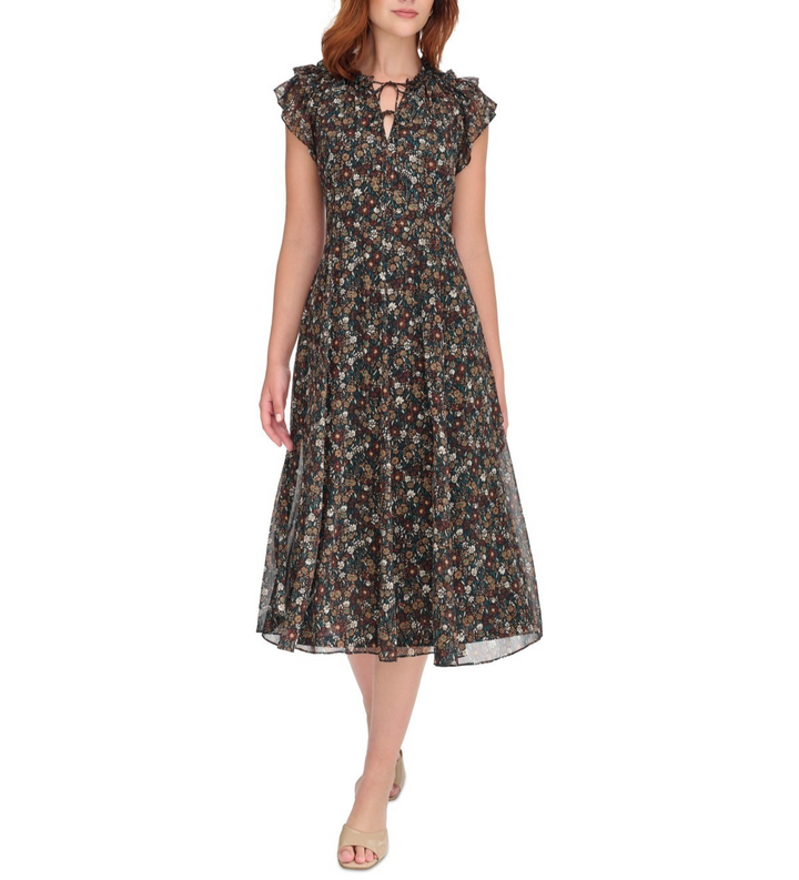 Tommy Hilfiger Tie-Neck Flutter-Sleeve MIDI Dress MSRP $ 129