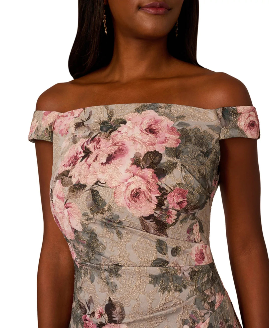 Adrianna Papell Metallic Jacquard Floral Print Off-The-Shoulder Gown MSRP $229