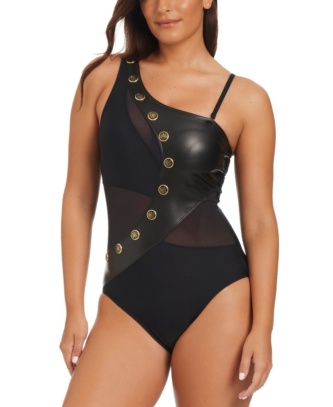 Beyond Control Faux-Leather One-Shoulder One-Piece Swimsuit MSRP $129