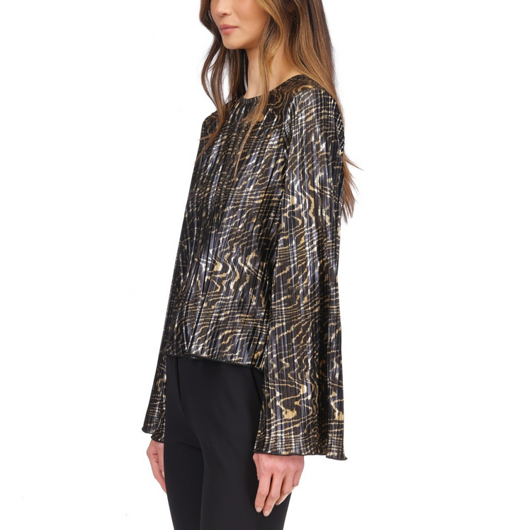 MICHAEL Michael Kors Printed Pleated Bell-Sleeve Top MSRP $110