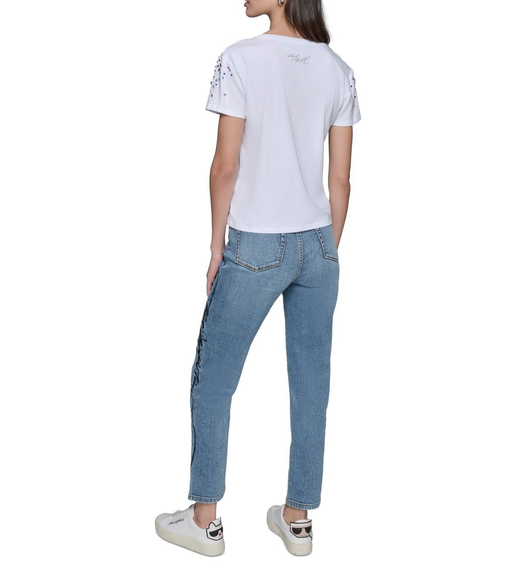 KARL LAGERFELD PARIS Women's Embellished V-Neck T-Shirt MSRP $79
