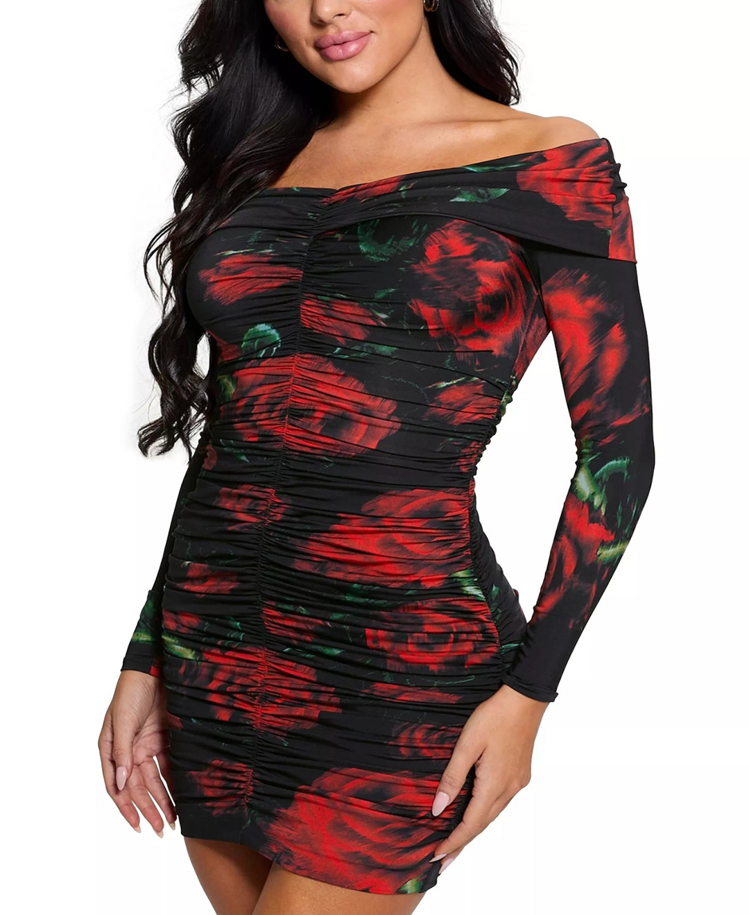 GUESS Women's Miriana Rose-Print Off-The-Shoulder Dress MSRP $158