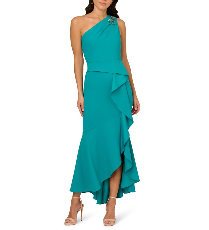 Adrianna Papell Women's Beaded One-Shoulder Crepe Gown MSRP $159
