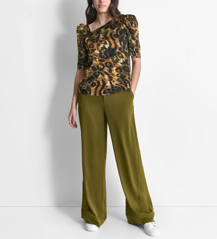 DKNY Women's Printed Asymmetric Zip-Shoulder Blouse MSRP $89