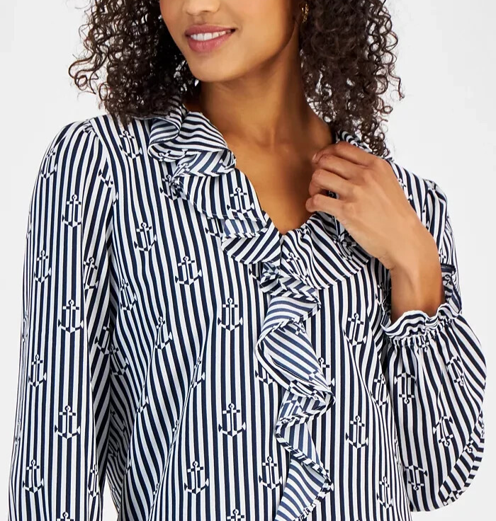 Nautica Jeans Women's Ruffled Striped Anchor-Print Top Size L