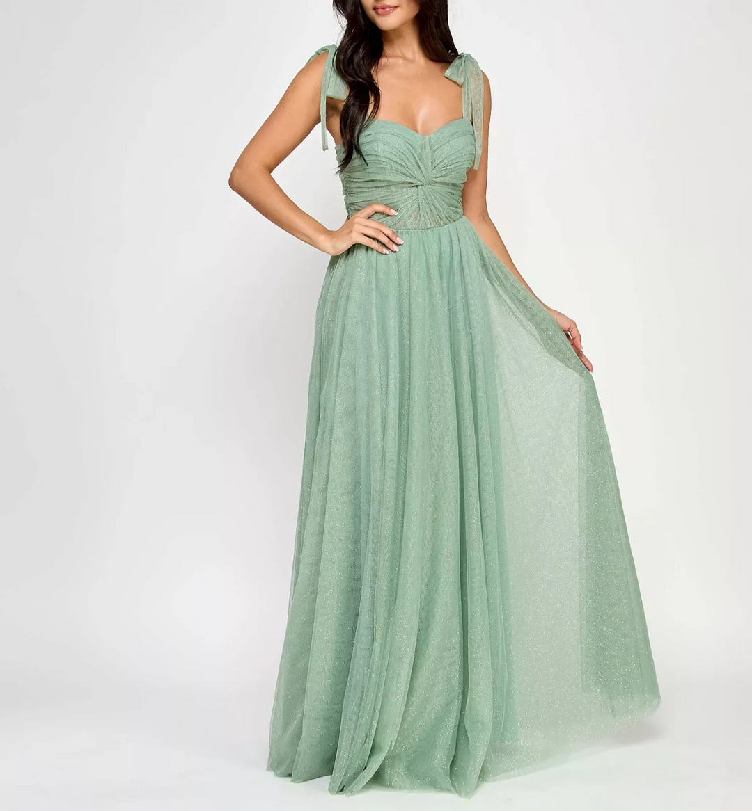 City Studios Juniors' Twist-Front Shoulder-Tie Glitter Gown MSRP $169