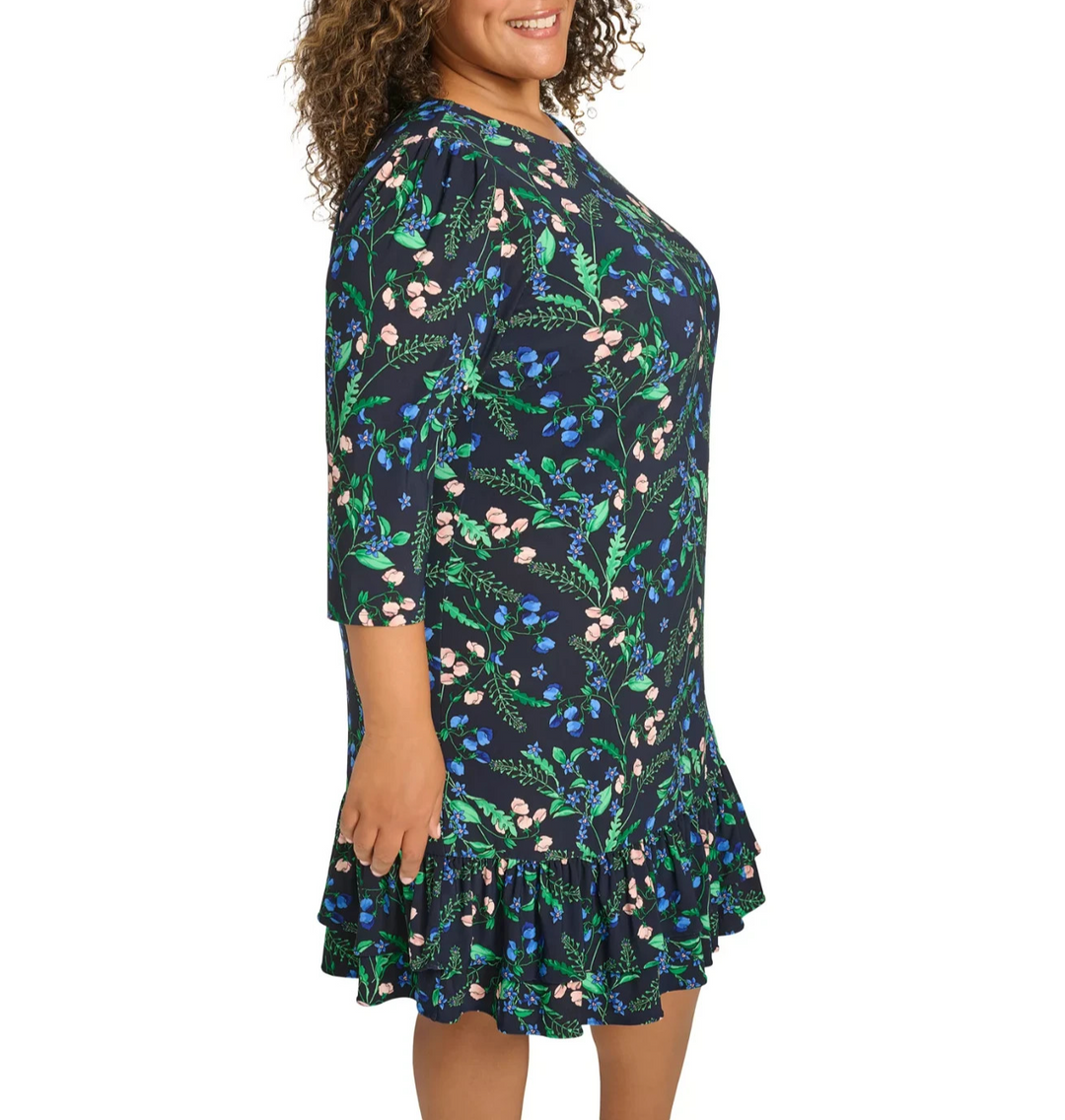 Tommy Hilfiger Plus Size Printed Round-Neck Ruffle-Hem Dress MSRP $109