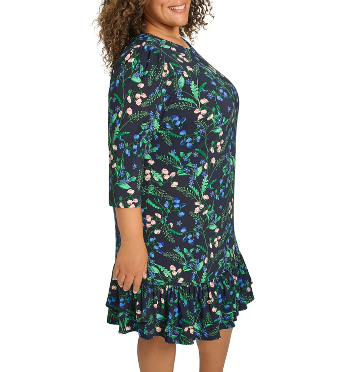 Tommy Hilfiger Plus Size Printed Round-Neck Ruffle-Hem Dress MSRP $109