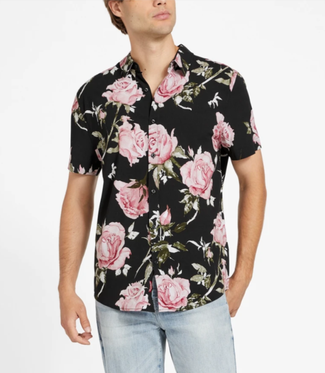 GUESS Men's Floral Short Sleeve Button-Front Shirt MSRP $59