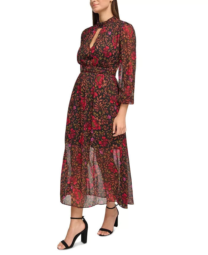 Guess Printed Chiffon Cut-Out Lace-Up Maxi Dress MSRP $148