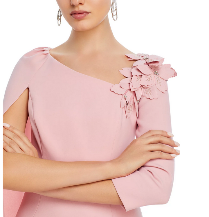 Teri Jon by Rickie Freeman Floral Applique Asymmetric Cape Gown MSRP $870