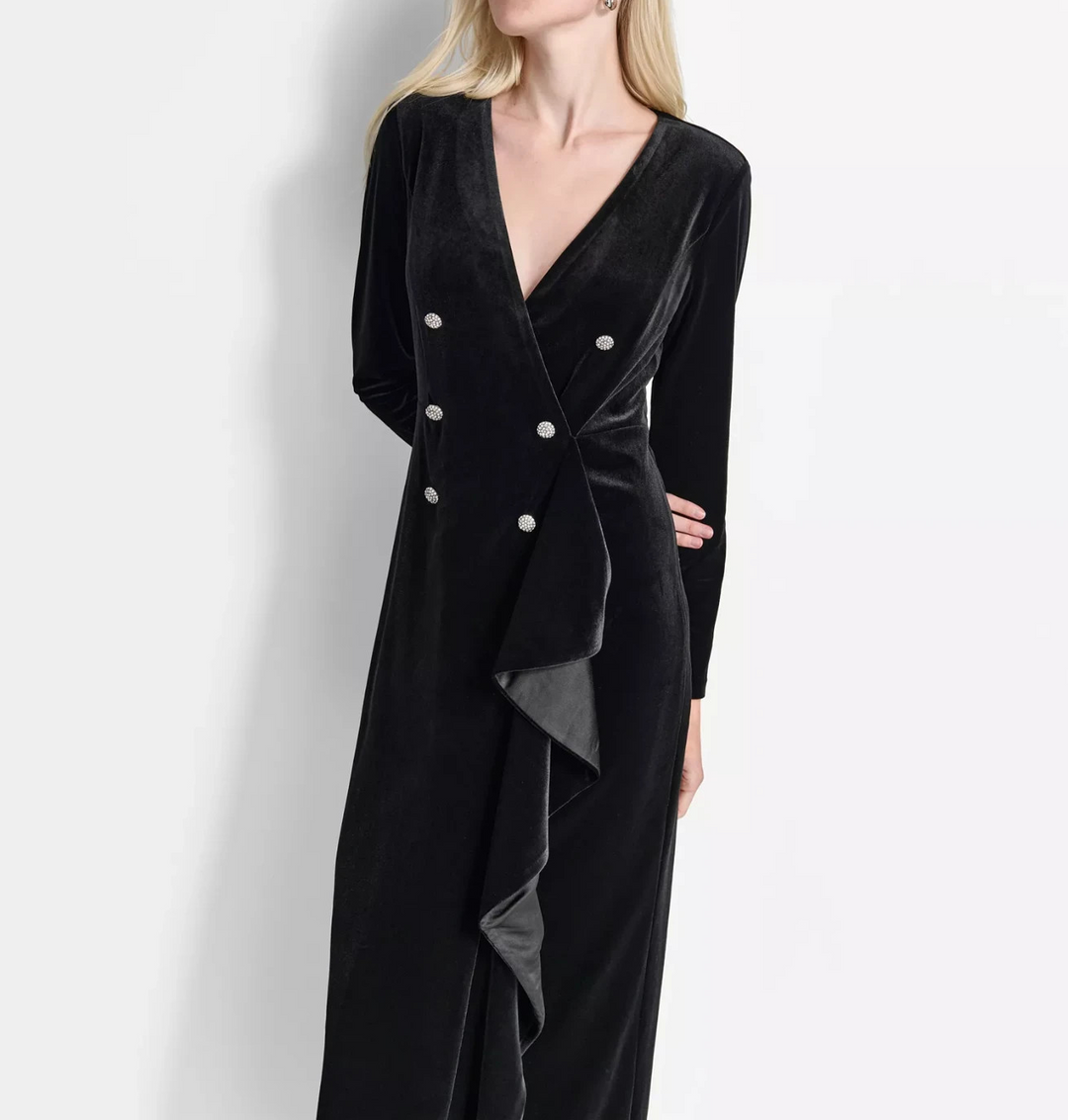 DKNY Velvet Button-Trim Long-Sleeve Blazer Gown MSRP $229
