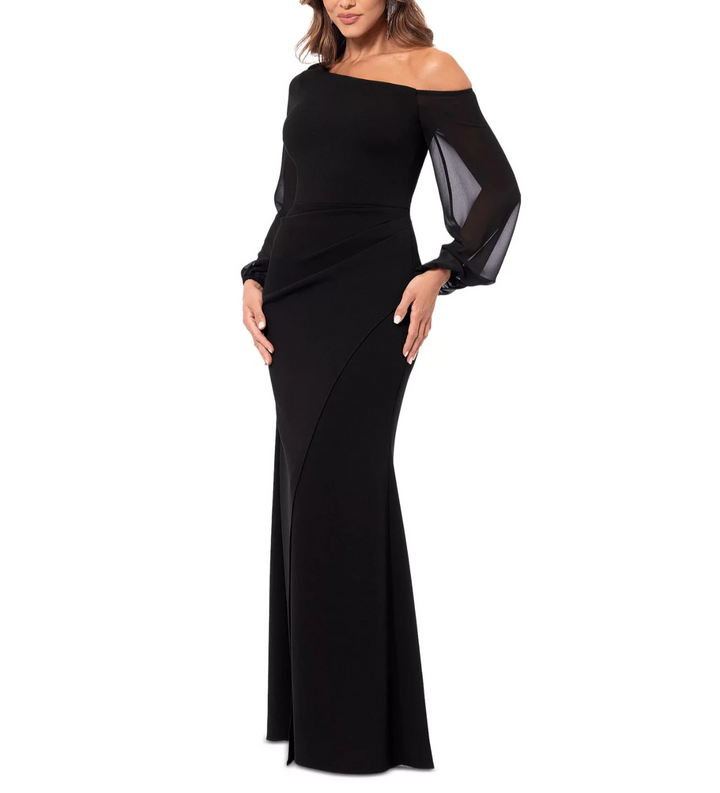 Betsy & Adam  One-Shoulder Sheer-Sleeve Evening Gown MSRP $259