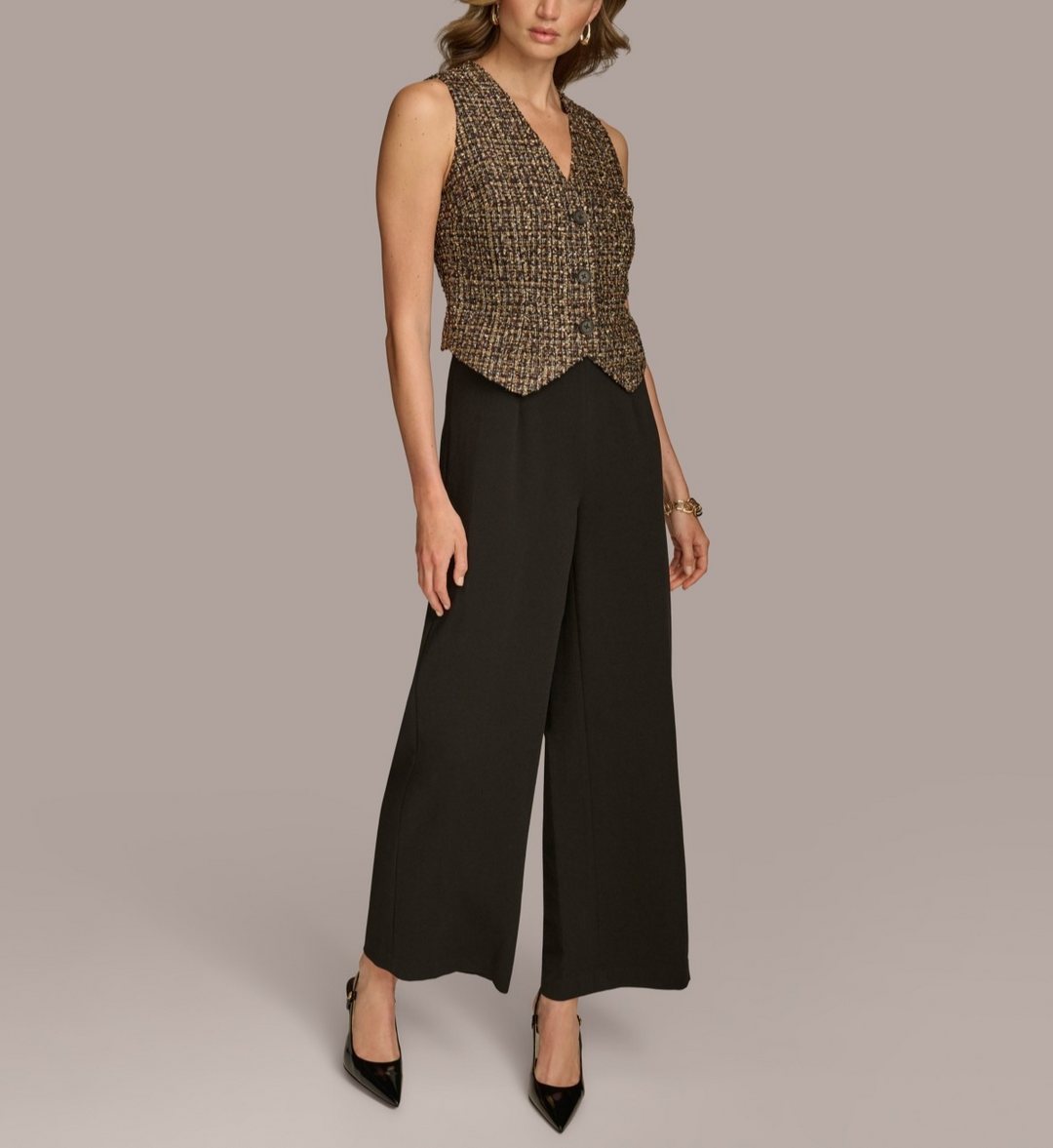 Donna Karan Tweed-Bodice Wide-Leg Jumpsuit MSRP $199