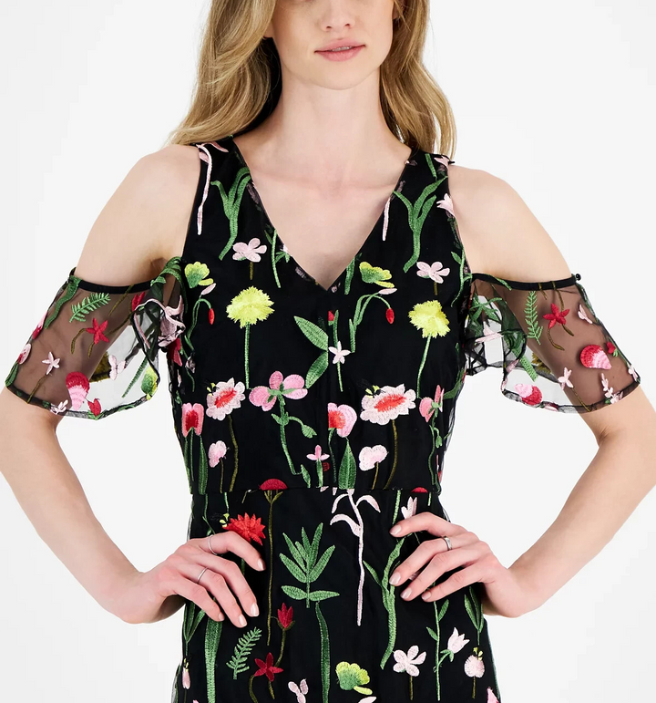 Sam Edelman Fresh Cut Embroidery Cold-Shoulder Midi Dress MSRP $148